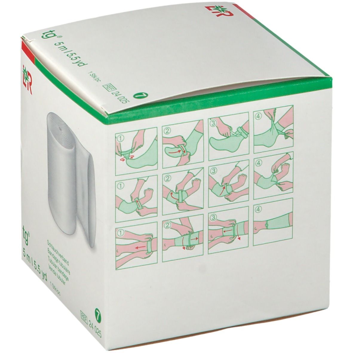 Emballage avec illustrations d'application de la bande tubulaire. Inscriptions : tg, 5 m | 5.5 yd, 7, 24 025. Emballage vert et blanc.