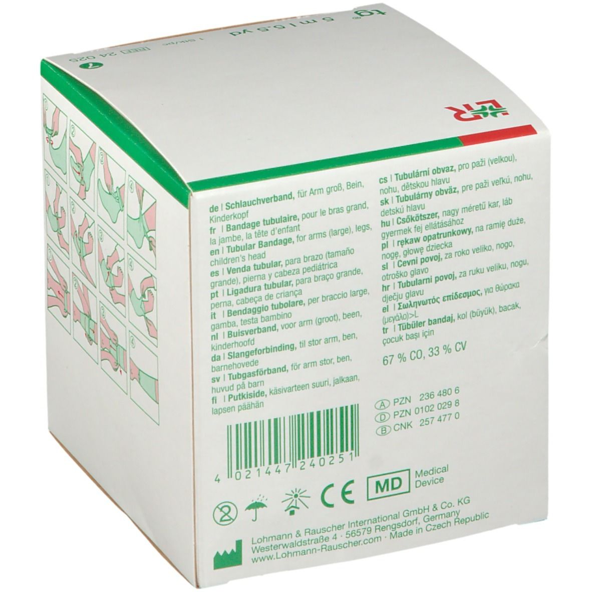 Emballage avec textes en plusieurs langues. Inscriptions : tg, 5 m | 5.5 yd, 7, 24 025. Emballage vert et blanc. Marquage CE.