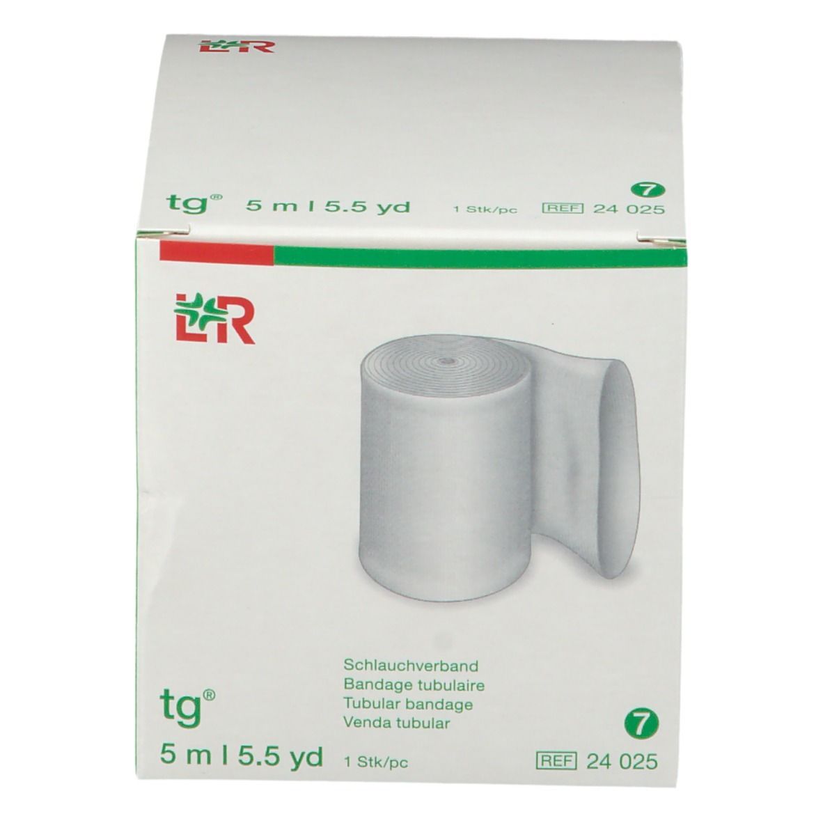 Bande tubulaire blanche déroulée. Inscriptions : tg, 5 m | 5.5 yd, 7, 24 025. Emballage vert et blanc.