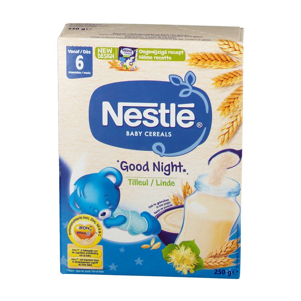 Boîte de céréales pour bébés Nestlé Good Night. Box bleue avec nom du produit, illustration d'ours et ingrédients. 250g.