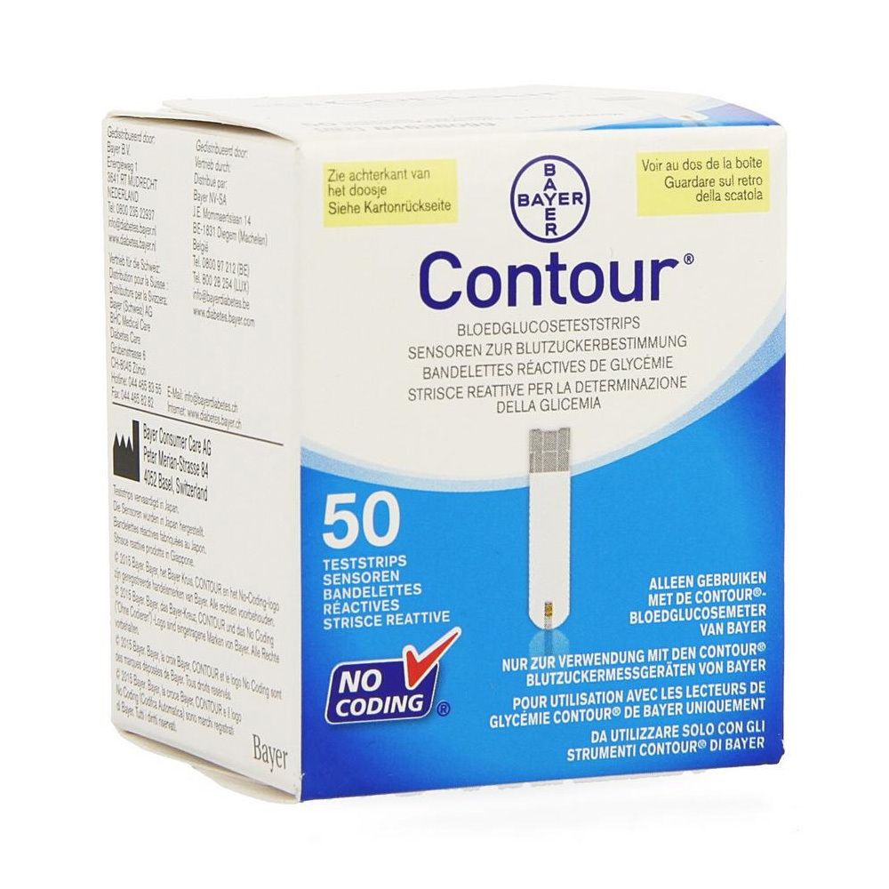 Boîte de bandelettes de test Contour. Contient 50 bandelettes. Logo Bayer visible.