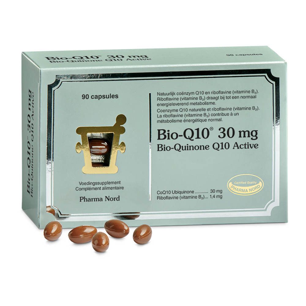 Boîte bleu clair avec gélules. Inscription: Bio-Q10 30 mg. 90 gélules. Pharma Nord.