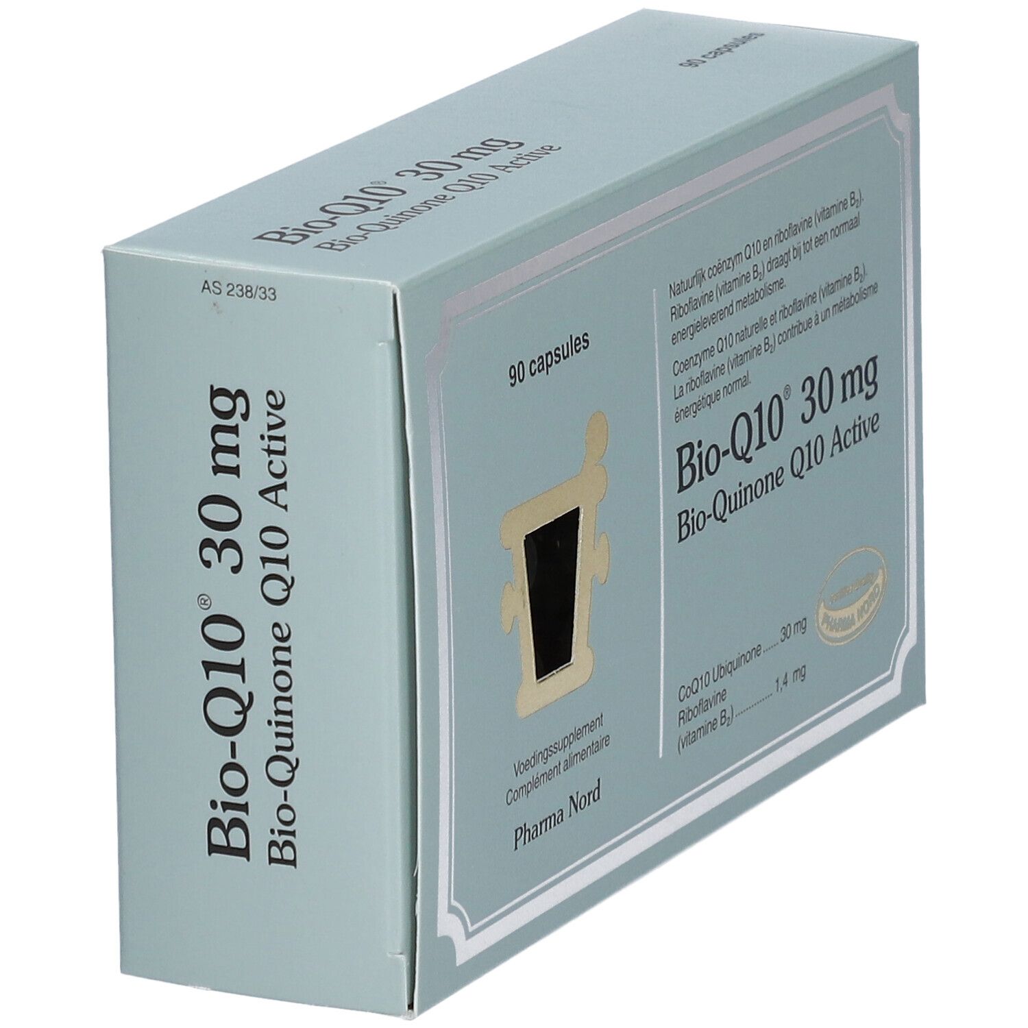 Boîte bleu clair en biais. Inscription: Bio-Q10 30 mg. 90 gélules. Pharma Nord.