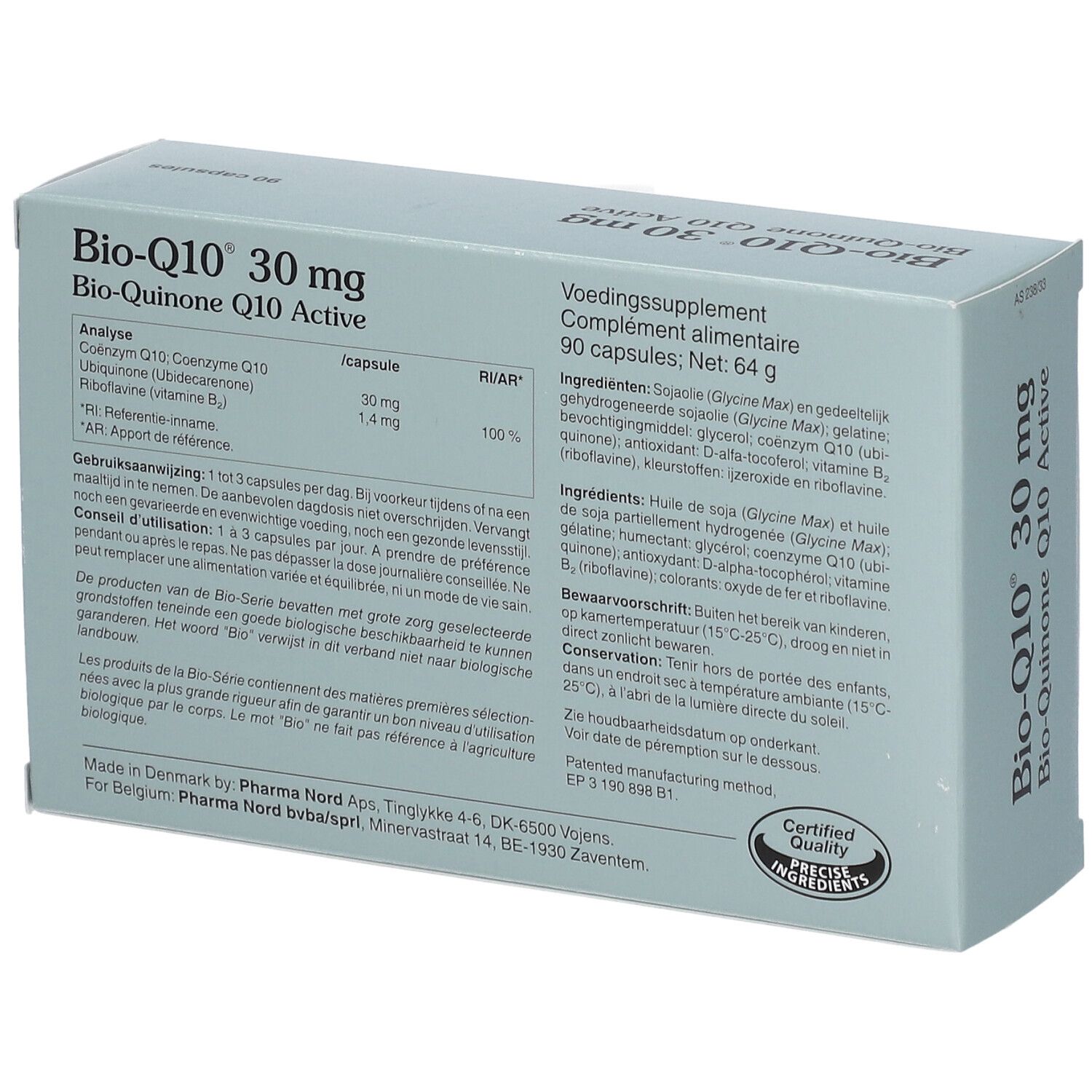 Boîte bleu clair avec informations produit. Inscription: Bio-Q10 30 mg. 90 gélules. Pharma Nord.