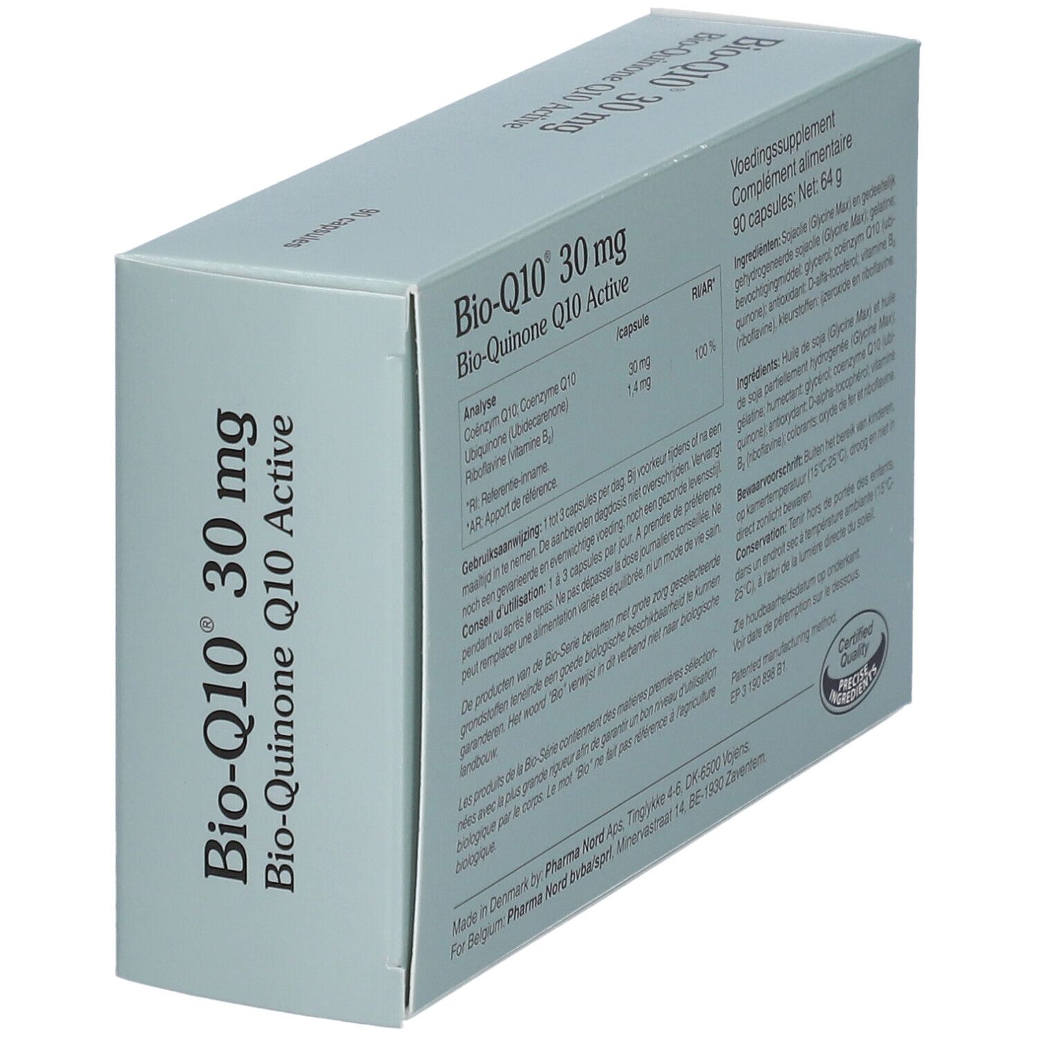 Boîte bleu clair en biais. Inscription: Bio-Q10 30 mg. 90 gélules. Pharma Nord.