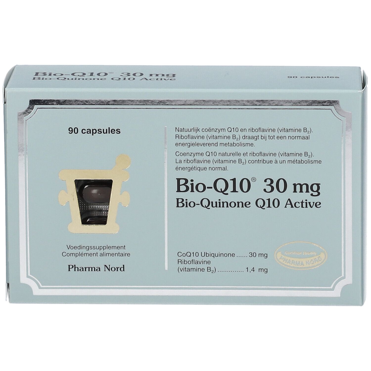 Boîte bleu clair avec informations produit. Inscription: Bio-Q10 30 mg. 90 gélules. Pharma Nord.