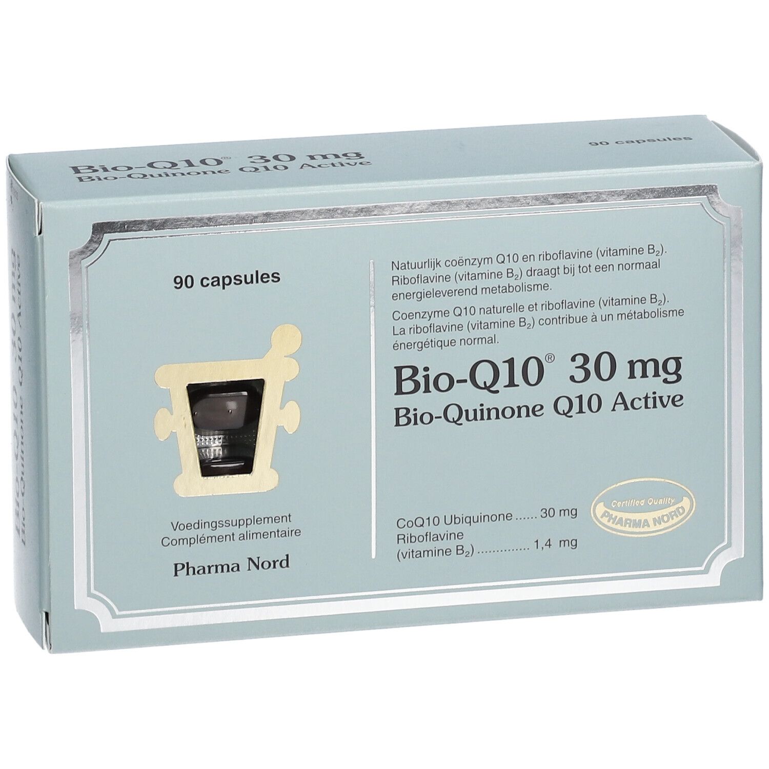 Boîte bleu clair avec informations produit. Inscription: Bio-Q10 30 mg. 90 gélules. Pharma Nord.