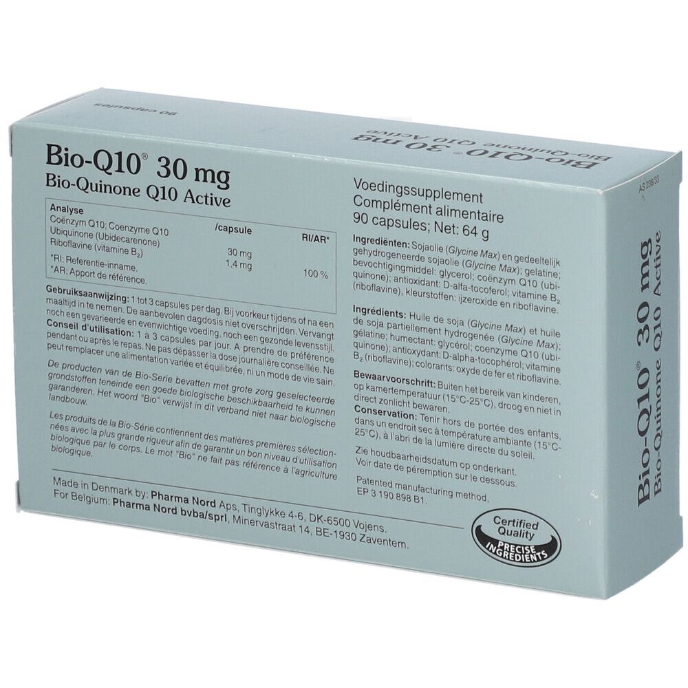 Boîte bleu clair avec informations produit. Inscription: Bio-Q10 30 mg. 90 gélules. Pharma Nord.