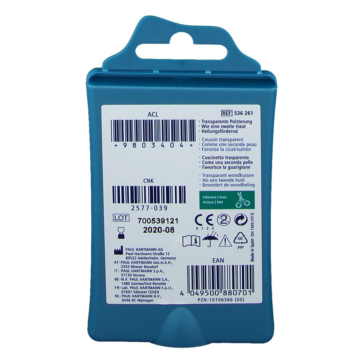 Boîtier en plastique bleu avec informations produit. Contient codes-barres, numéro de lot et marquage CE.