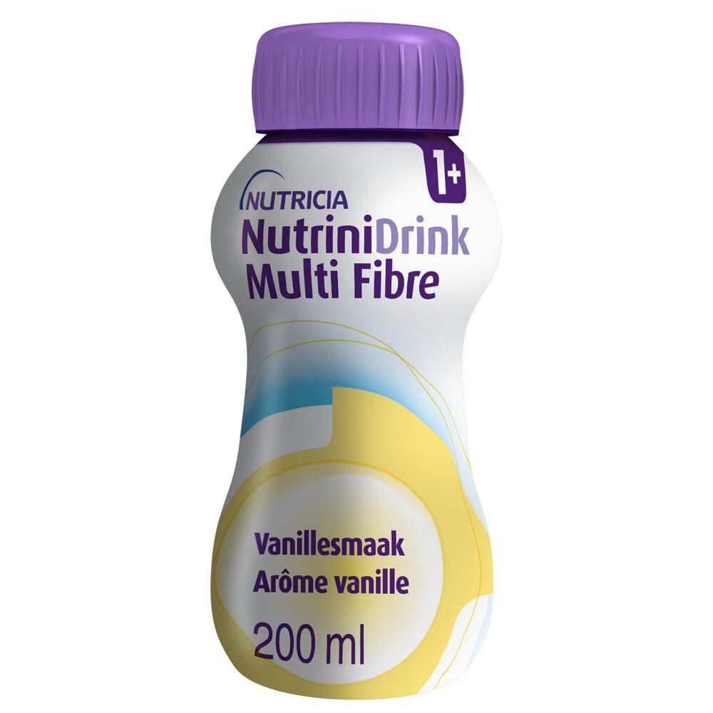 Fles Nutrinidrink Multi Fibre. Paarse dop. Opschrift: Vanillesmaak, Arôme vanille, 200 ml.