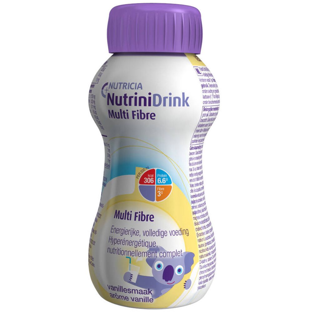 Fles Nutrinidrink Multi Fibre. Paarse dop. Opschrift: Multi Fibre, Vanillesmaak, Arôme vanille. Koala-illustratie.