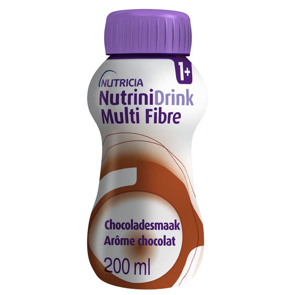 Bouteille Nutrinidrink Multi Fibre, goût chocolat. Bouchon violet, étiquette blanche. 200 ml.