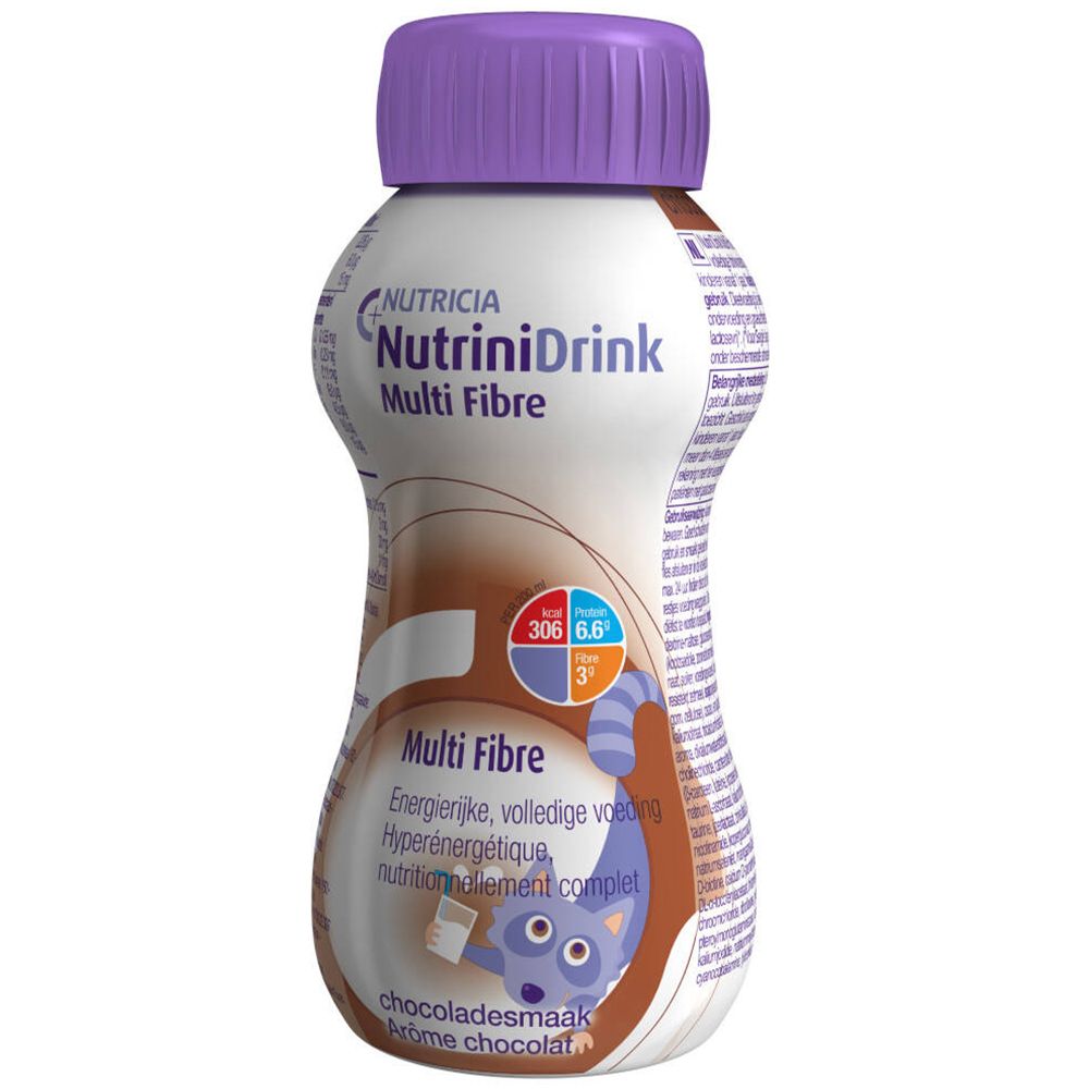 Bouteille Nutrinidrink Multi Fibre, goût chocolat. Bouchon violet, étiquette blanche. Informations nutritionnelles.