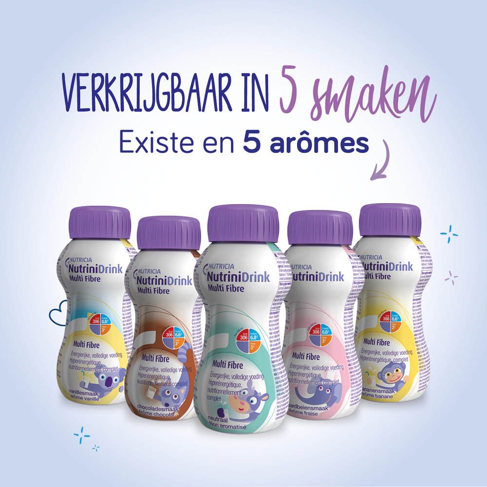 Bouteille Nutrinidrink Multi Fibre, goût chocolat. Bouchon violet, étiquette blanche. Informations nutritionnelles.