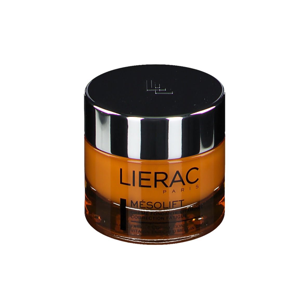 Pot de crème avec couvercle argenté. Crème jaune visible. LIERAC PARIS et MESOLIFT.