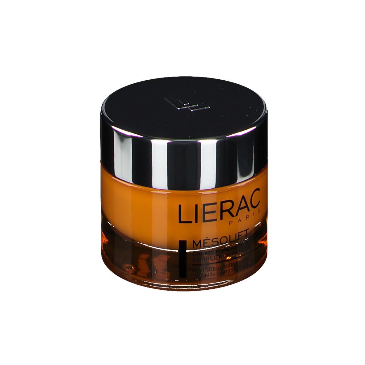Pot de crème avec couvercle argenté. Crème jaune visible. LIERAC PARIS et MESOLIFT.