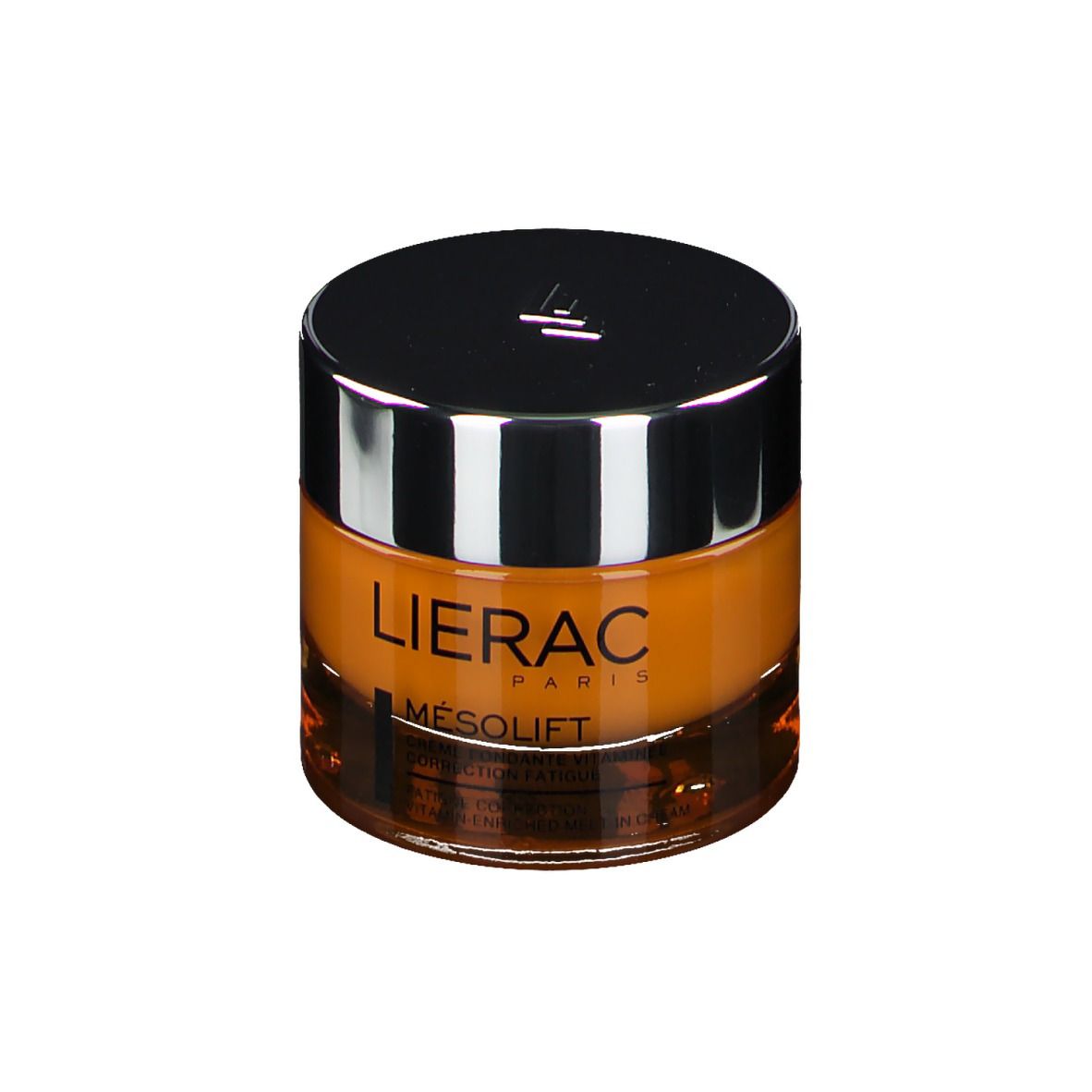 Pot de crème avec couvercle argenté. Crème jaune visible. LIERAC PARIS et MESOLIFT.