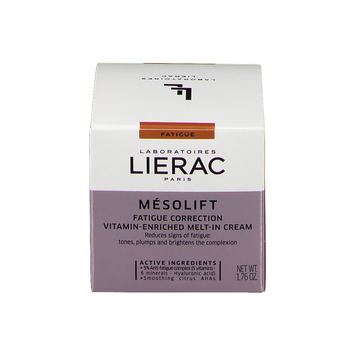 Boîte. LIERAC PARIS MESOLIFT. Crème enrichie en vitamines. Réduit les signes de fatigue.