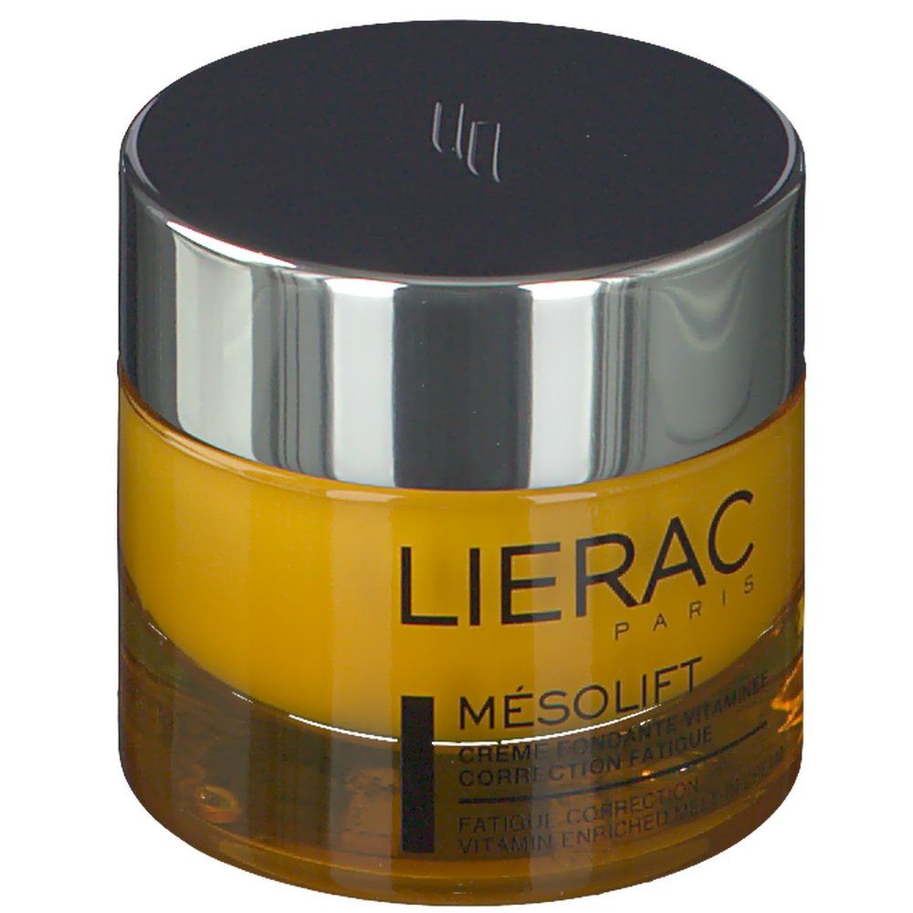 Pot de crème avec couvercle argenté. Crème jaune visible. LIERAC PARIS et MESOLIFT.