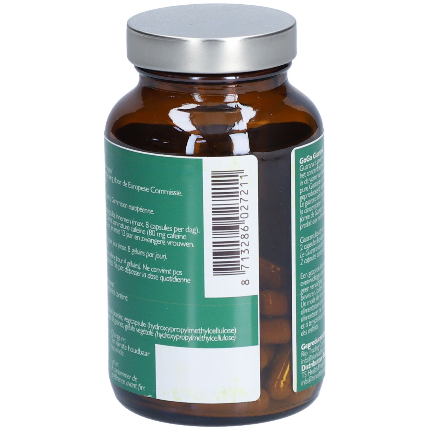 Rückseite einer braunen Glasflasche mit silbernem Deckel. Barcode und Textinformationen.