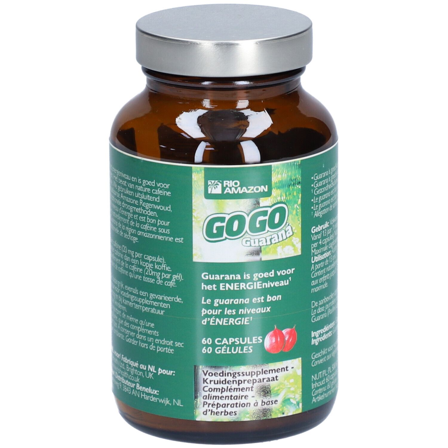 Braune Glasflasche mit silbernem Deckel. Aufkleber mit "GOGO Guarana" und Produktinformationen. 60 Kapseln.