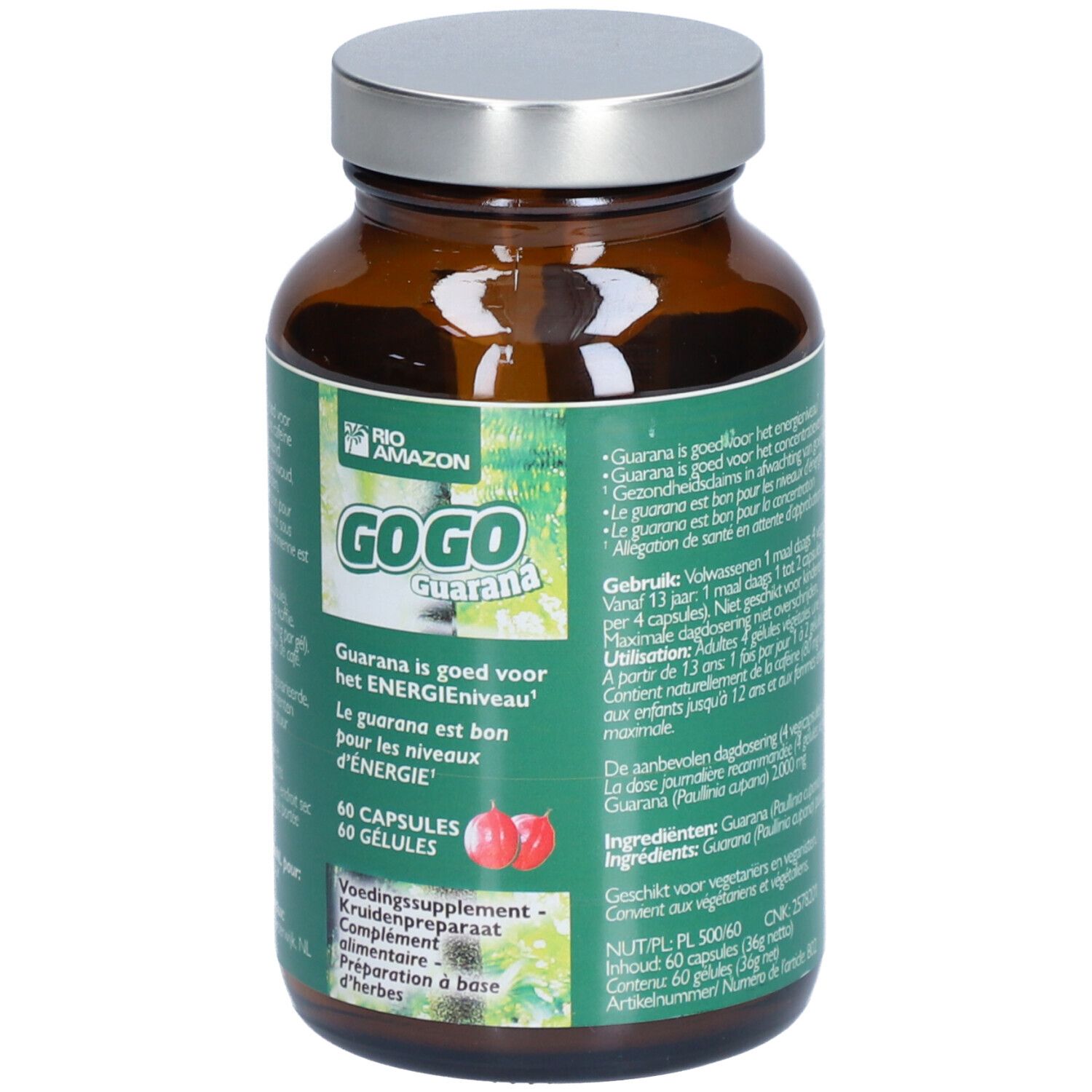 Braune Glasflasche mit silbernem Deckel. Aufkleber mit "GOGO Guarana" und Produktinformationen. 60 Kapseln.