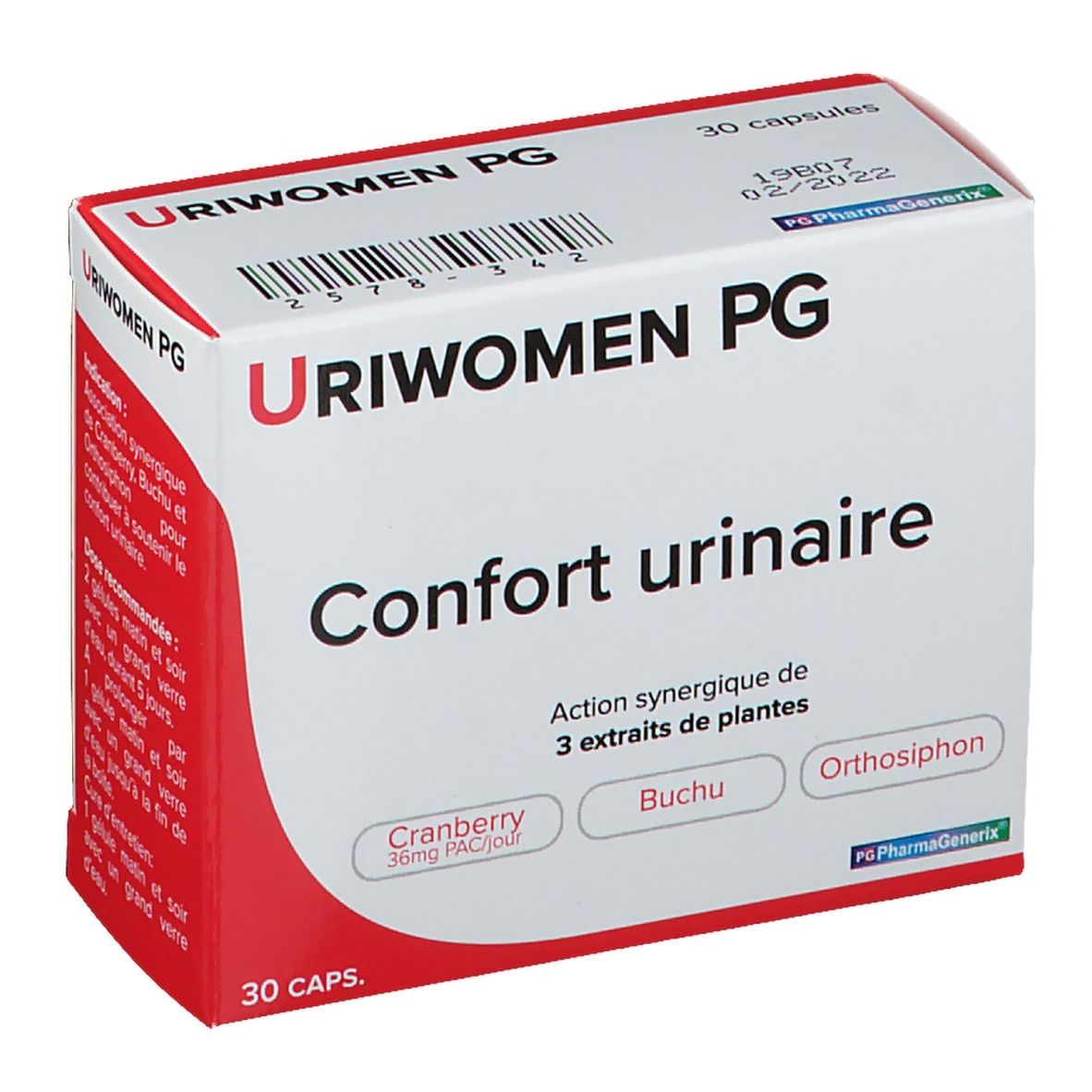 Boîte "Uriwomen PG" avec "Confort urinaire". Contient 30 capsules. Ingrédients: Cranberry, Buchu, Orthosiphon.