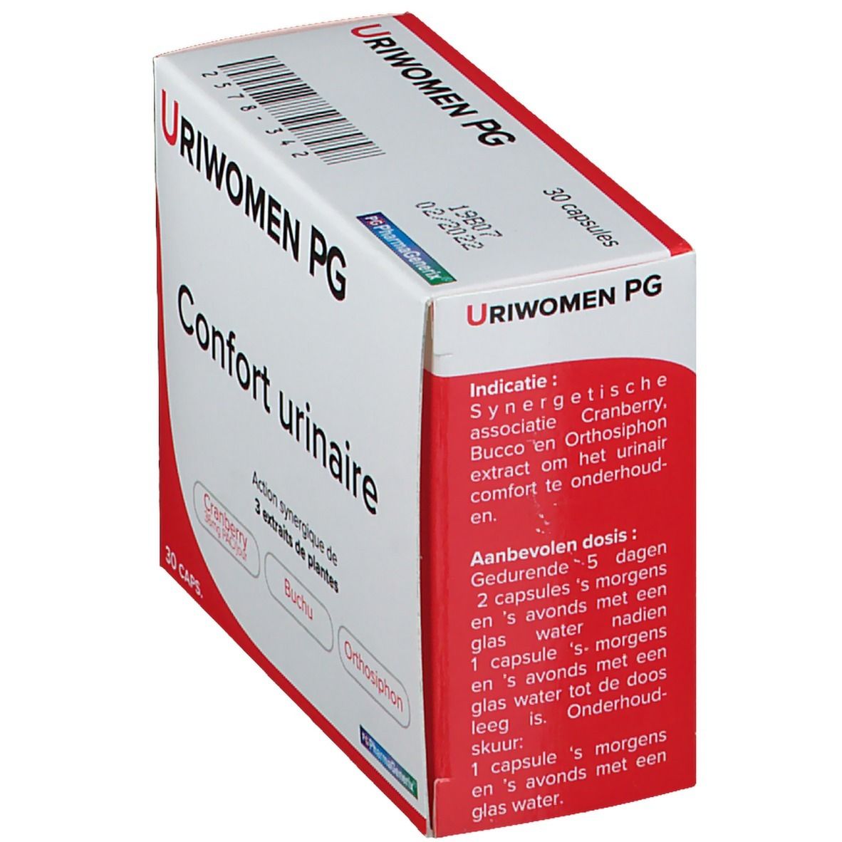Boîte "Uriwomen PG" avec "Confort urinaire". Contient 30 capsules. Ingrédients: Cranberry, Buchu, Orthosiphon. Emballage rouge et blanc.