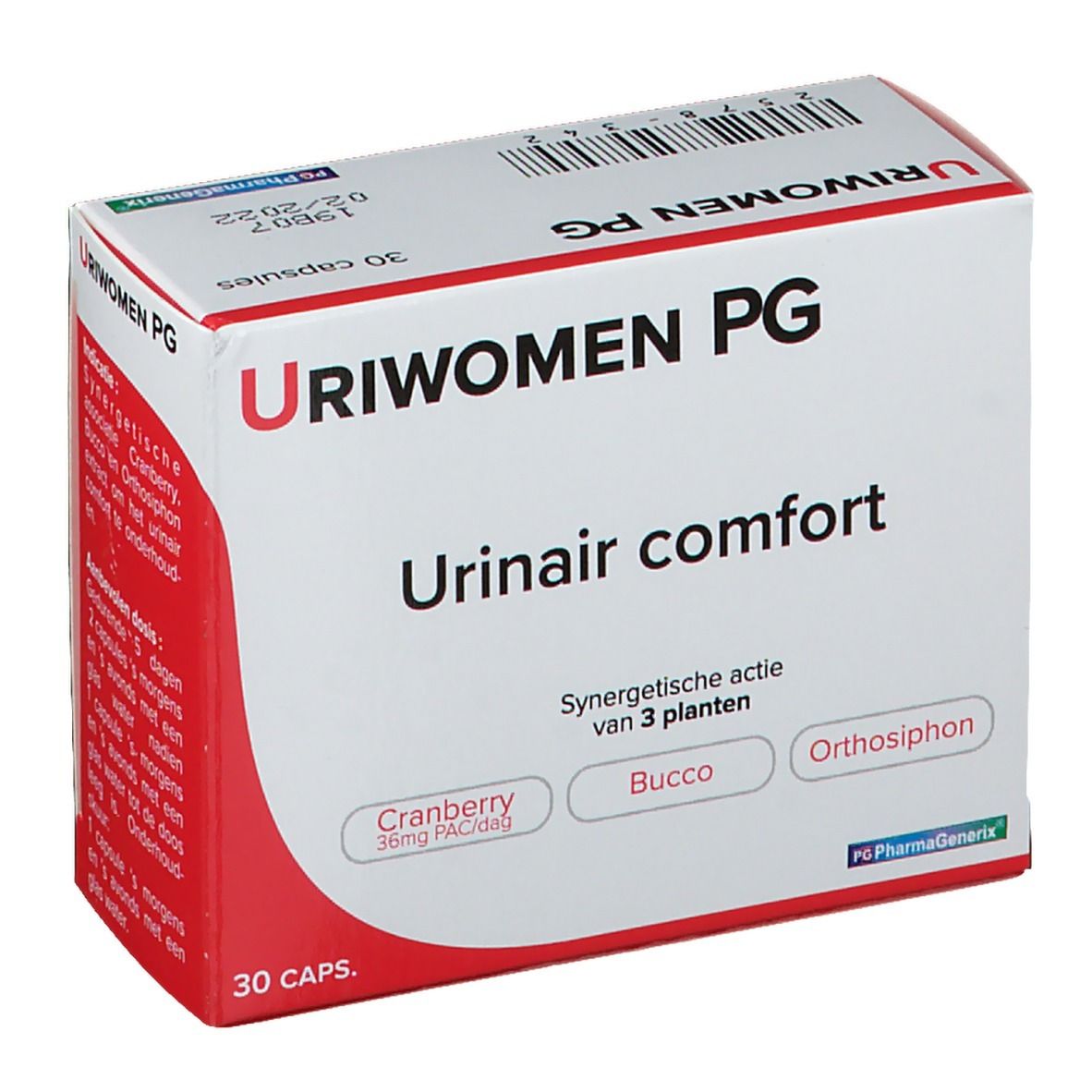 Boîte "Uriwomen PG" avec "Urinar comfort". Contient 30 capsules. Ingrédients: Cranberry, Buchu, Orthosiphon. Emballage rouge et blanc.