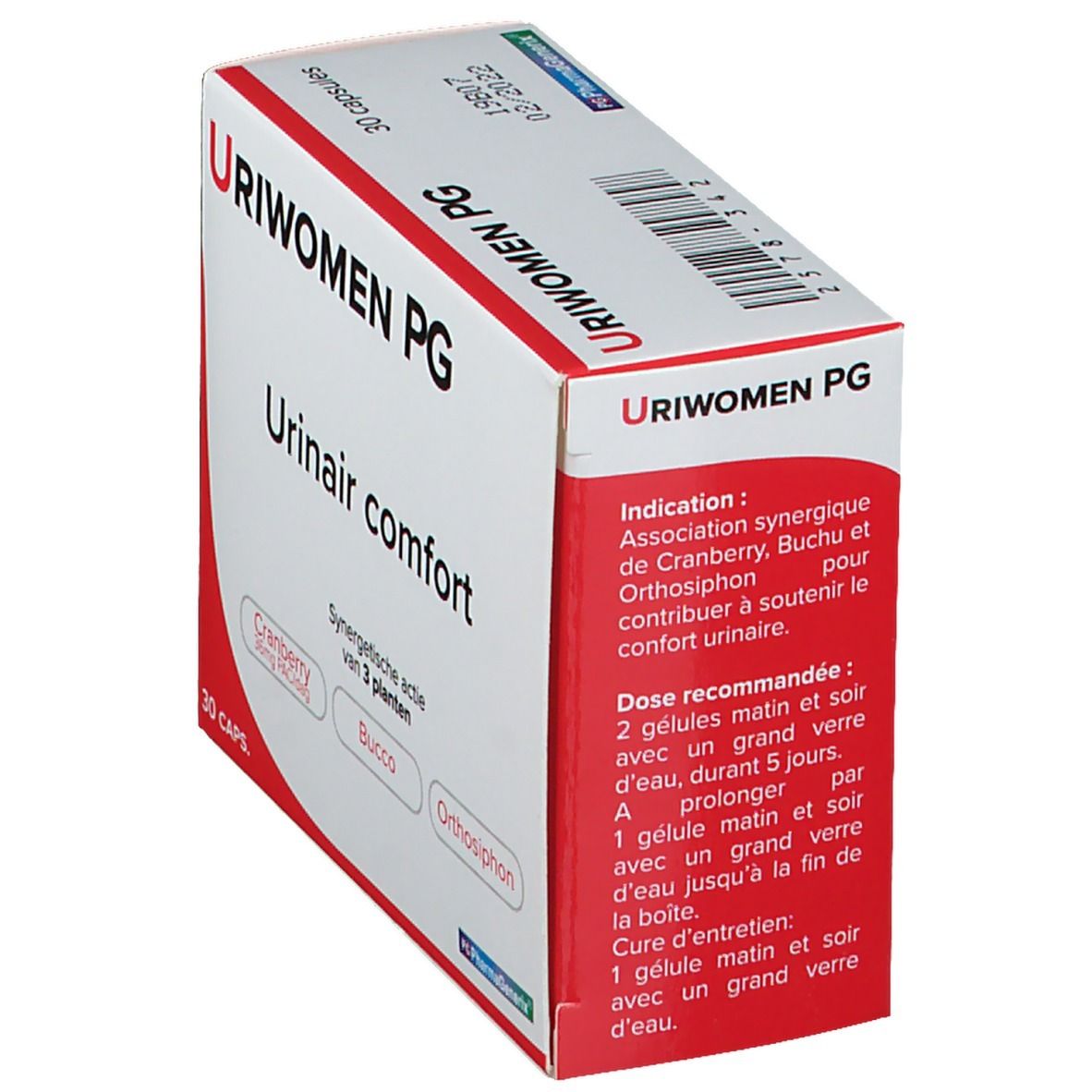 Boîte "Uriwomen PG" avec "Urinar comfort". Contient 30 capsules. Ingrédients: Cranberry, Buchu, Orthosiphon. Emballage rouge et blanc.