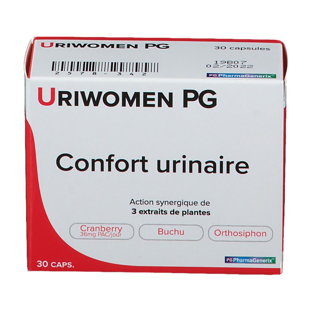 Boîte "Uriwomen PG" avec "Confort urinaire". Contient 30 capsules. Ingrédients: Cranberry, Buchu, Orthosiphon. Emballage rouge et blanc.