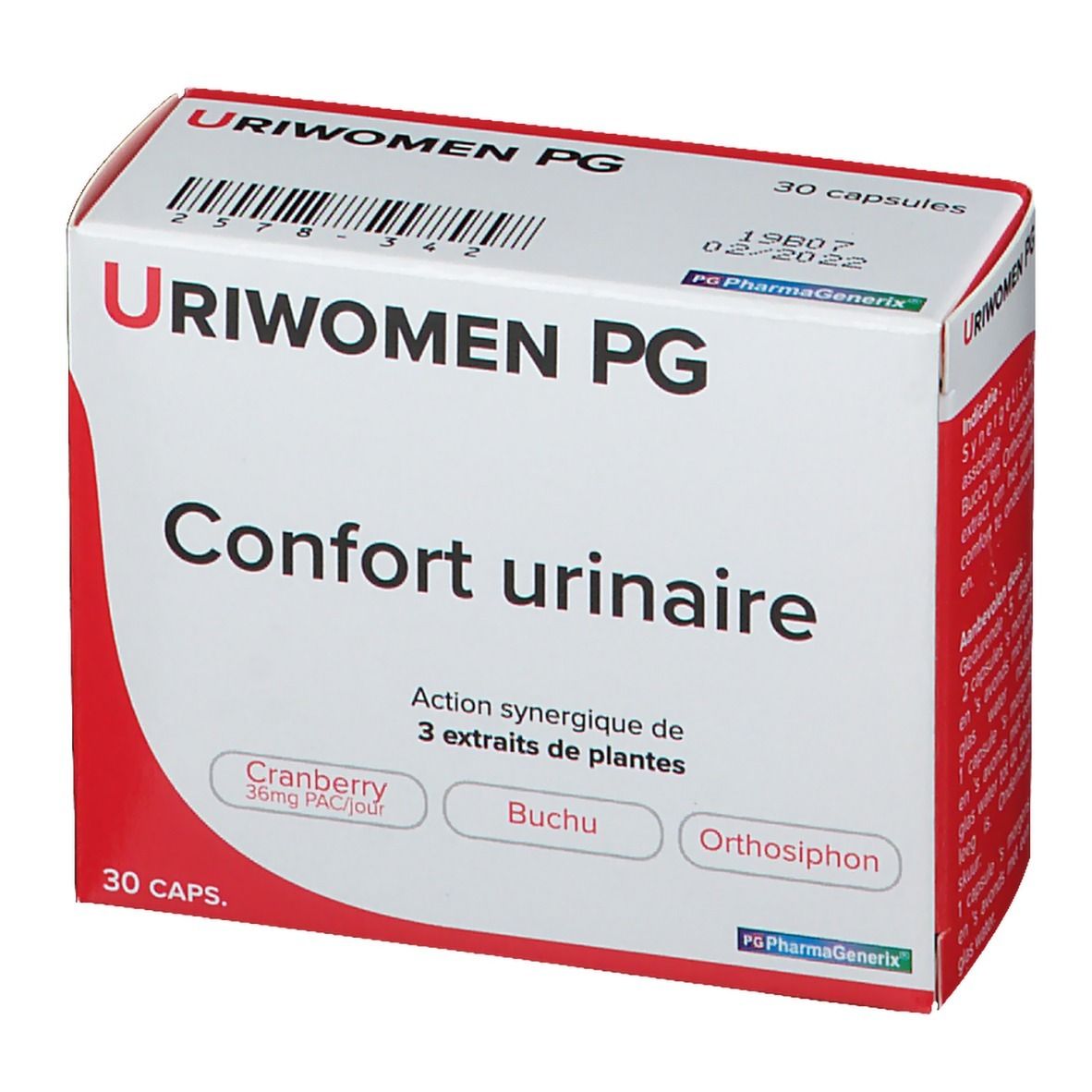 Boîte "Uriwomen PG" avec "Confort urinaire". Contient 30 capsules. Ingrédients: Cranberry, Buchu, Orthosiphon. Emballage rouge et blanc.