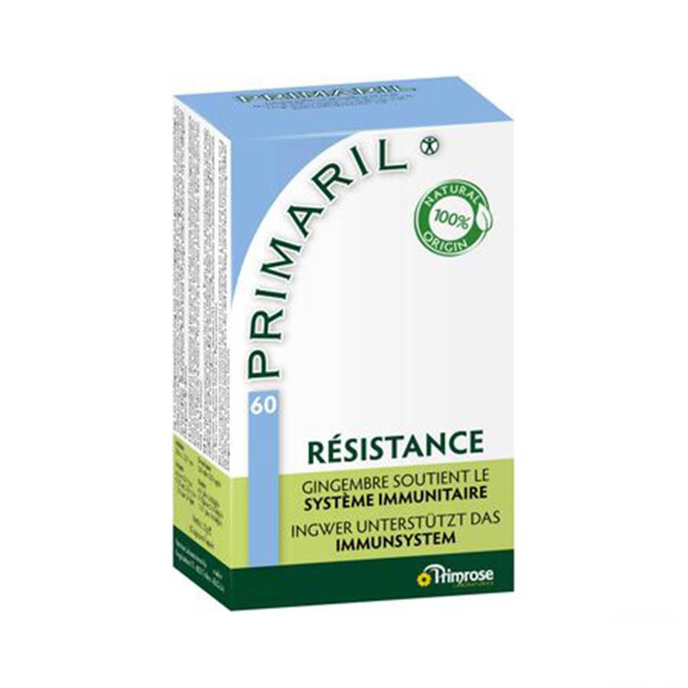 Boîte PRIMARIL avec 60 gélules. Inscription: RÉSISTANCE, le gingembre soutient le système immunitaire. Logo: 100% d'origine naturelle.