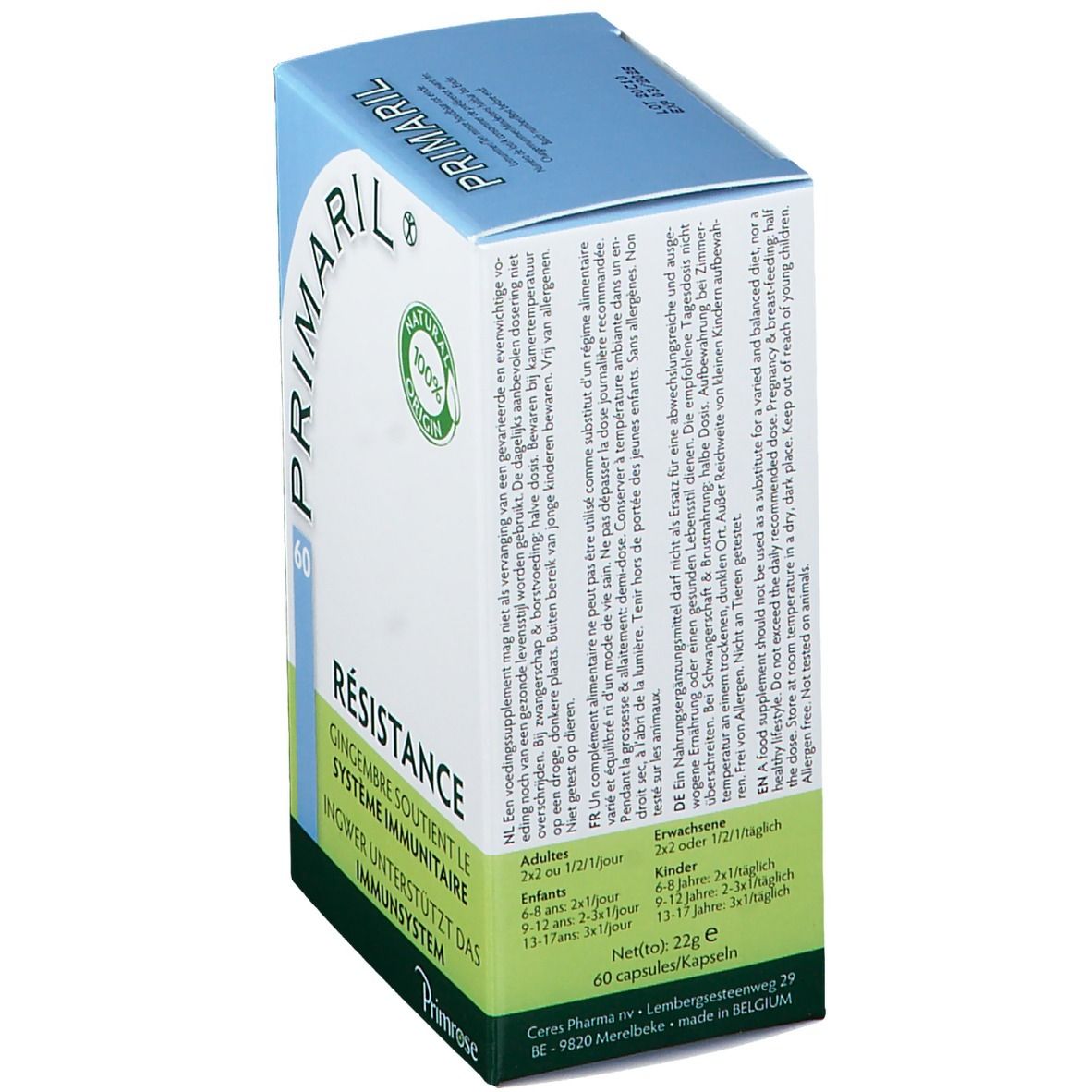 Boîte Primaril avec textes multilingues. Contient 60 capsules. Informations de dosage. Certification naturelle.