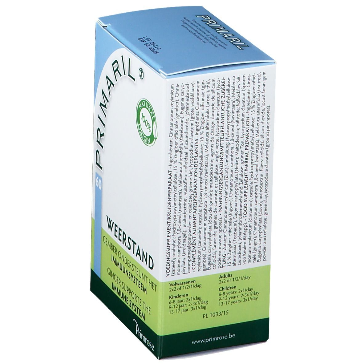 Boîte Primaril avec textes multilingues. Contient 60 capsules. Liste des ingrédients. Certification naturelle.