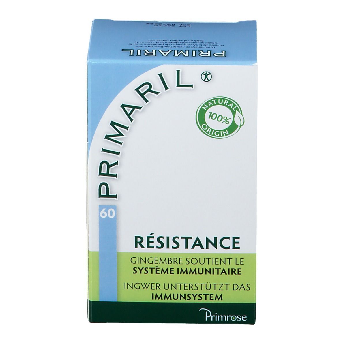 Boîte Primaril. Inscription: Résistance, le gingembre soutient le système immunitaire. 60 capsules. Certification naturelle.