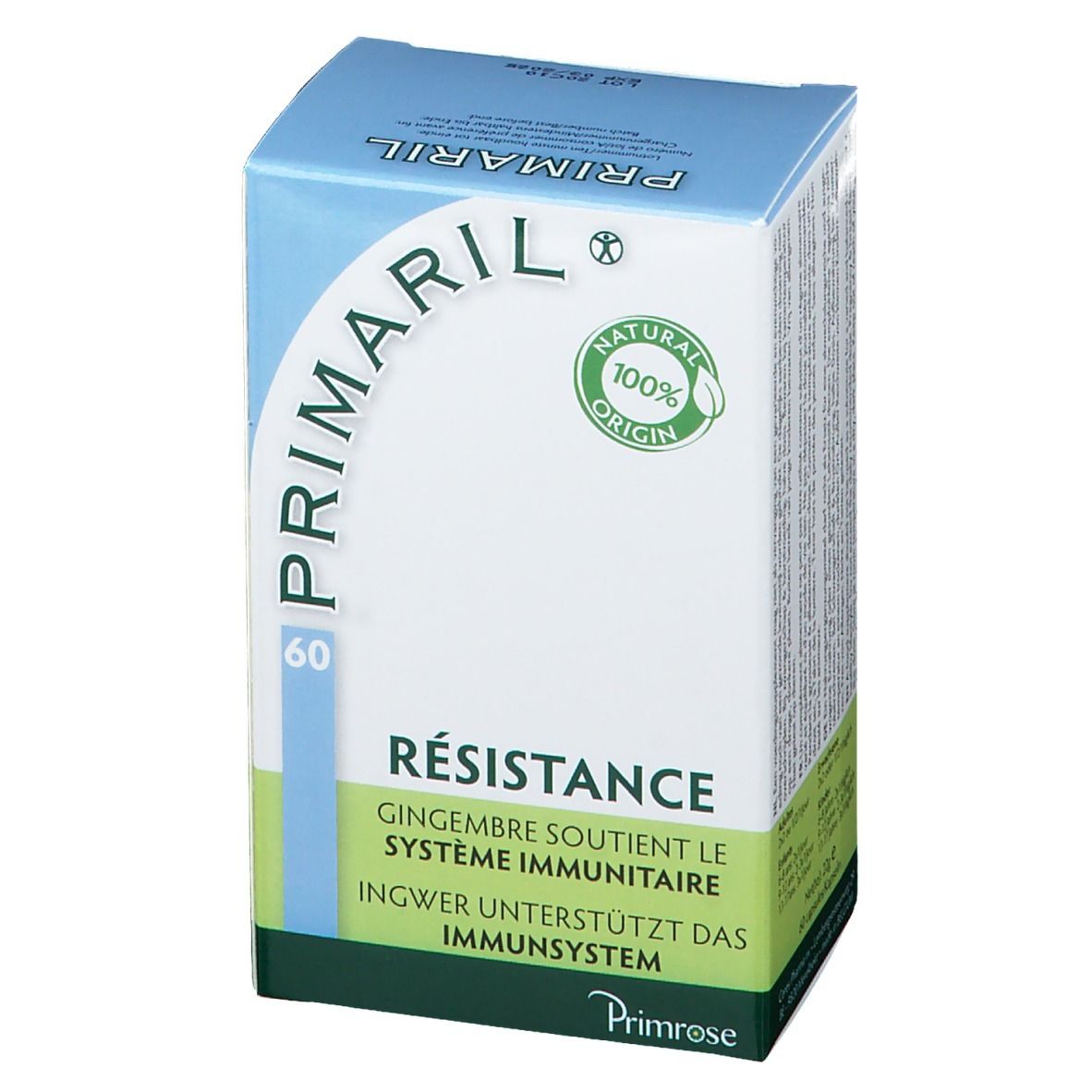 Boîte Primaril. Inscription: Résistance, le gingembre soutient le système immunitaire. 60 capsules. Certification naturelle.