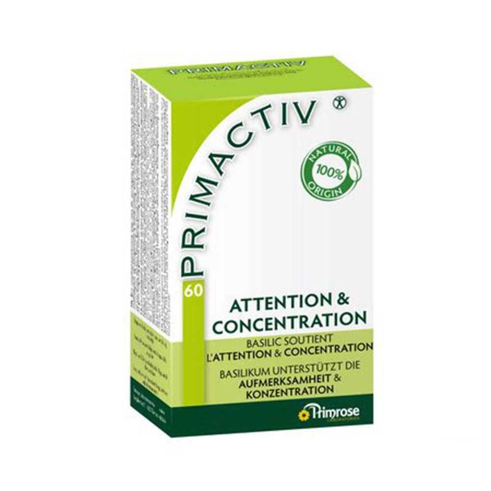 Boîte verte PRIMACTIV avec 'Attention & Concentration'. Contient 60 gélules. Label 'Natural Origin'.