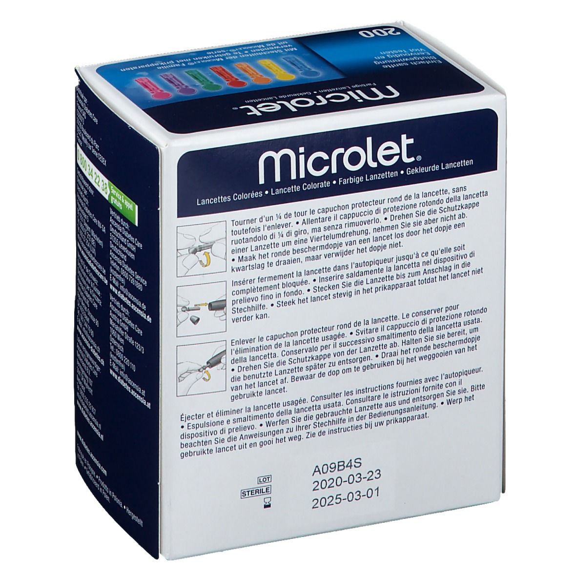 Boîte de 200 lancettes Microlet colorées. Inscription: Microlet, lancettes colorées, 200 pièces, mode d'emploi.