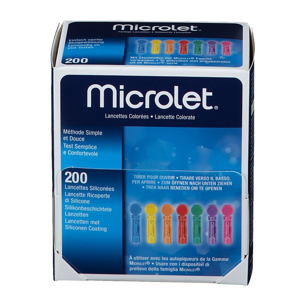 Boîte de 200 lancettes Microlet colorées. Inscription: Microlet, lancettes colorées, 200 pièces, mode d'emploi.