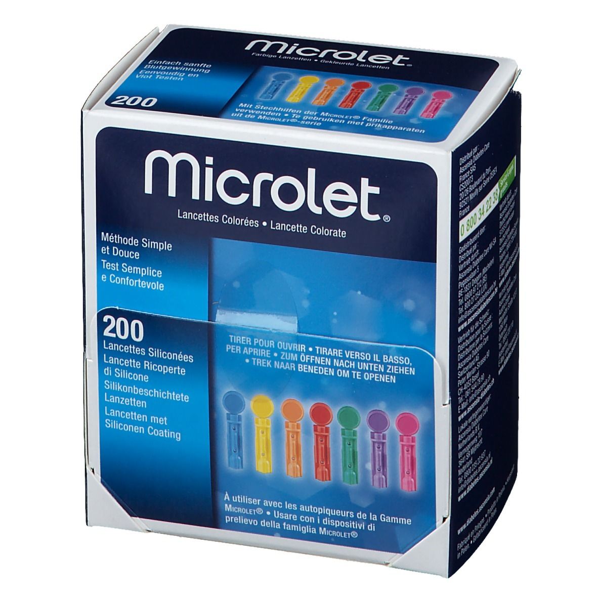 Boîte de 200 lancettes Microlet colorées. Inscription: Microlet, lancettes colorées, 200 pièces, mode d'emploi.