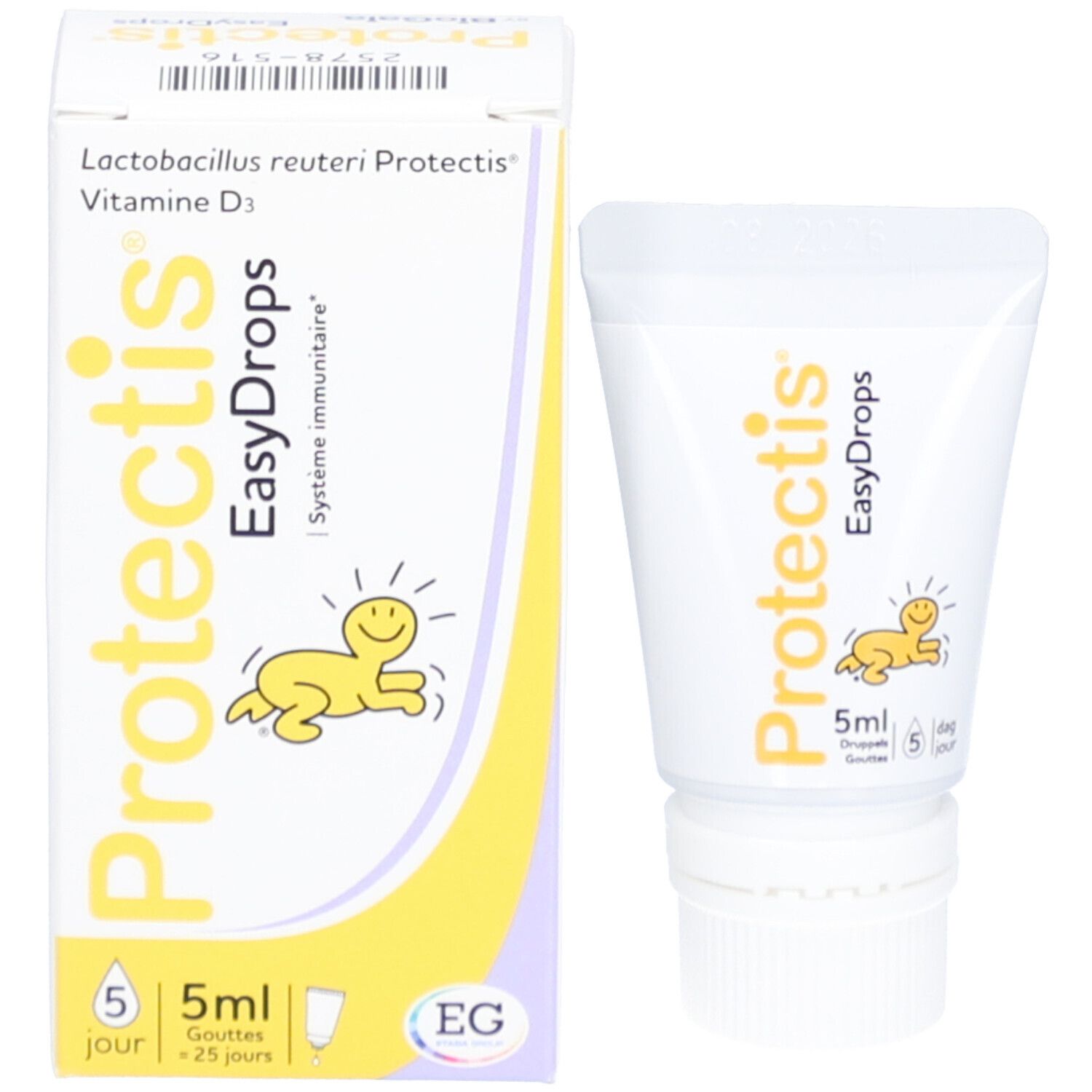 Boîte et tube Protectis EasyDrops. Blanc et jaune. Contient 5 ml. Avec illustration et texte.
