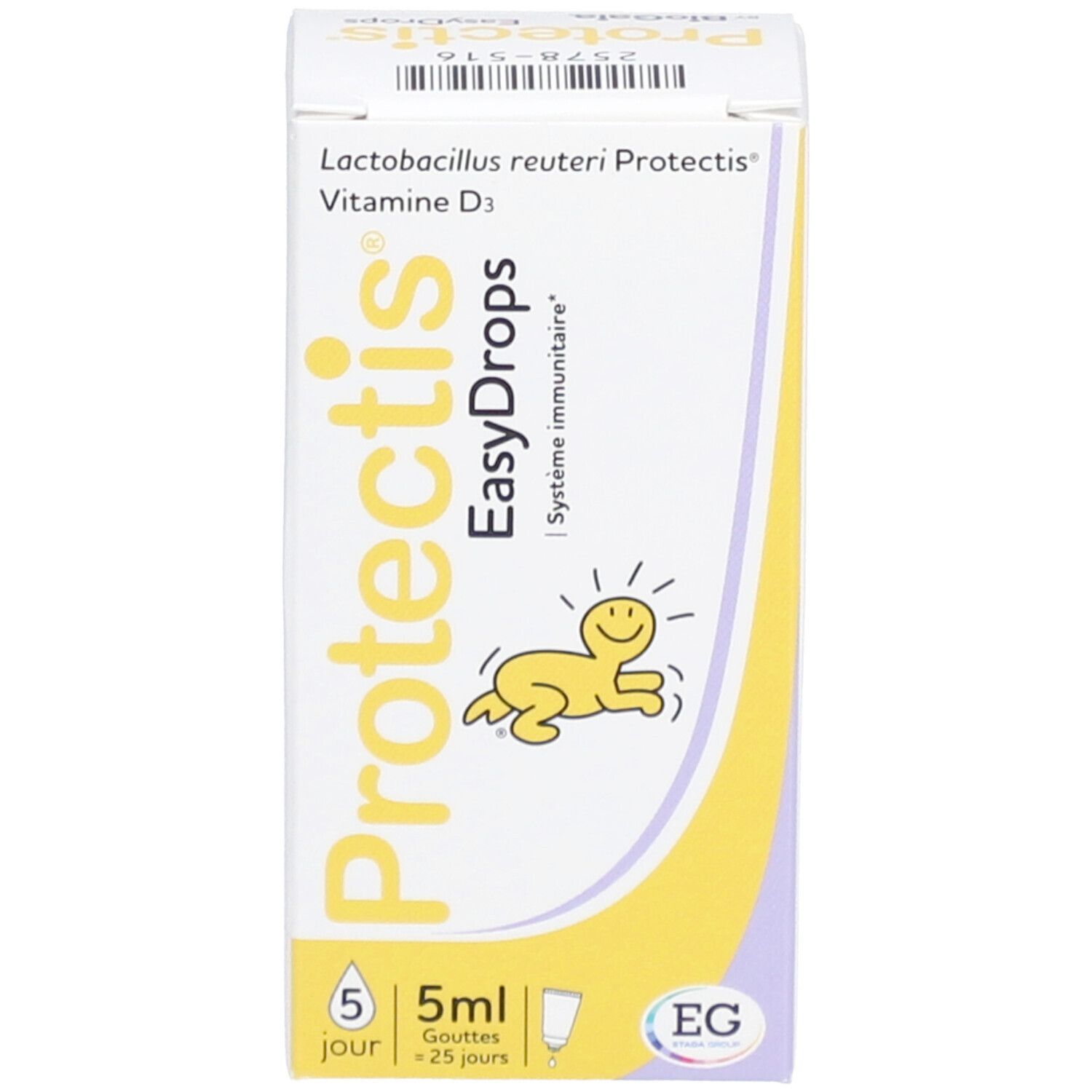 Boîte Protectis EasyDrops. Blanc et jaune. Avec texte et illustration. Contient 5 ml.