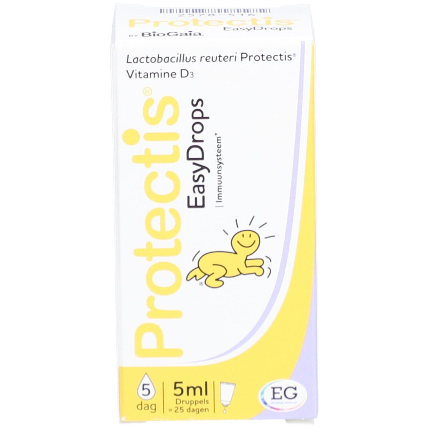 Boîte Protectis EasyDrops. Blanc et jaune. Avec texte et illustration. Contient 5 ml.