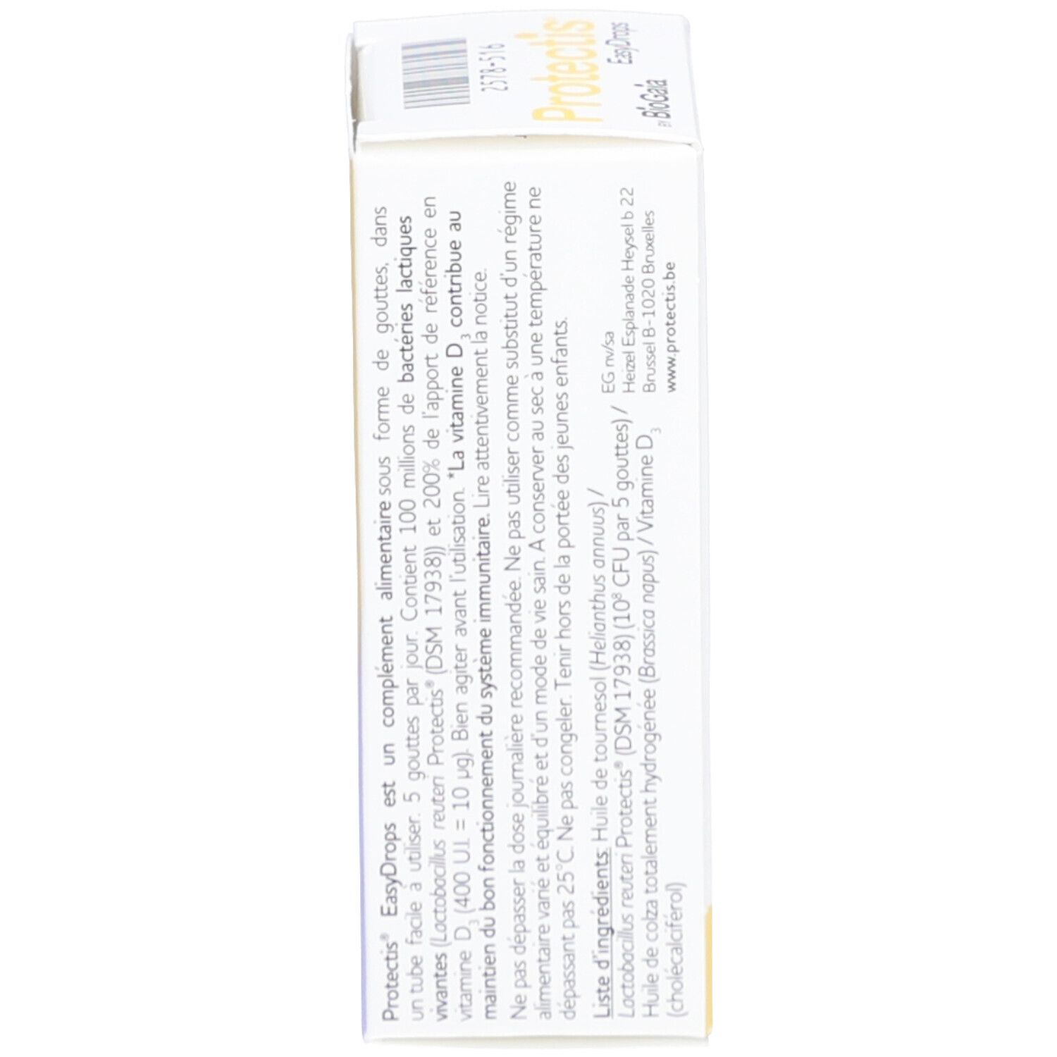 Côté de la boîte Protectis EasyDrops. Texte en allemand. Informations sur le produit.