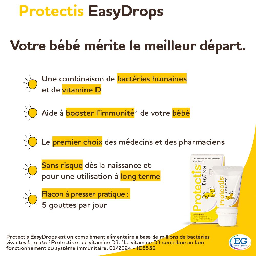 Infographie. Texte et illustrations. Protectis EasyDrops. Avantages pour les bébés.