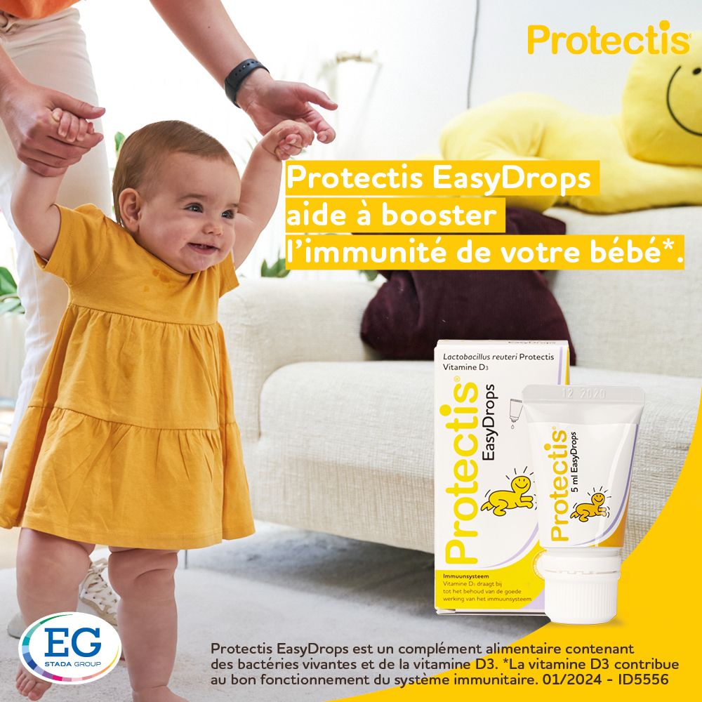 Mère et bébé. Protectis EasyDrops. Bébé marche. Fond jaune. Texte.