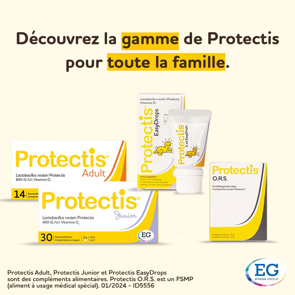 Différents produits Protectis. Fond jaune. Pour toute la famille.