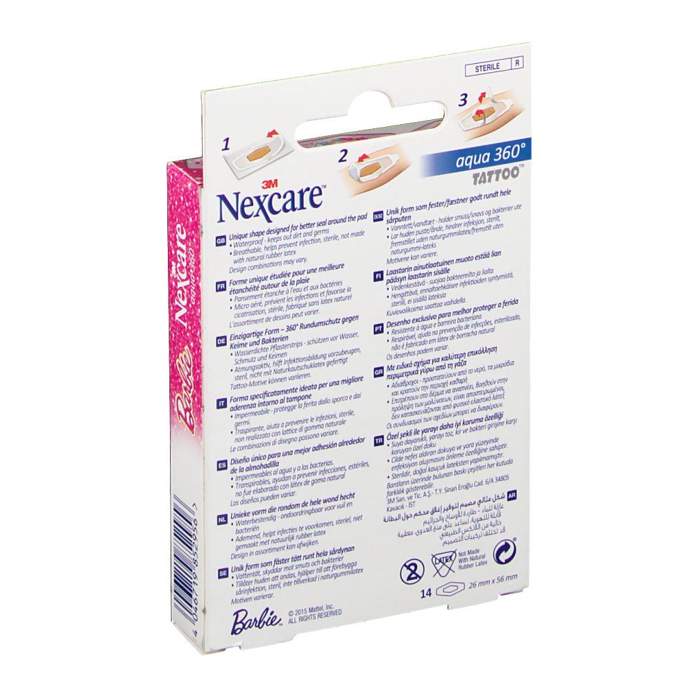 Dos de la boîte de pansements Nexcare Aqua 360 Tattoo Barbie. Texte multilingue, illustrations et instructions d'utilisation. 14 pièces.