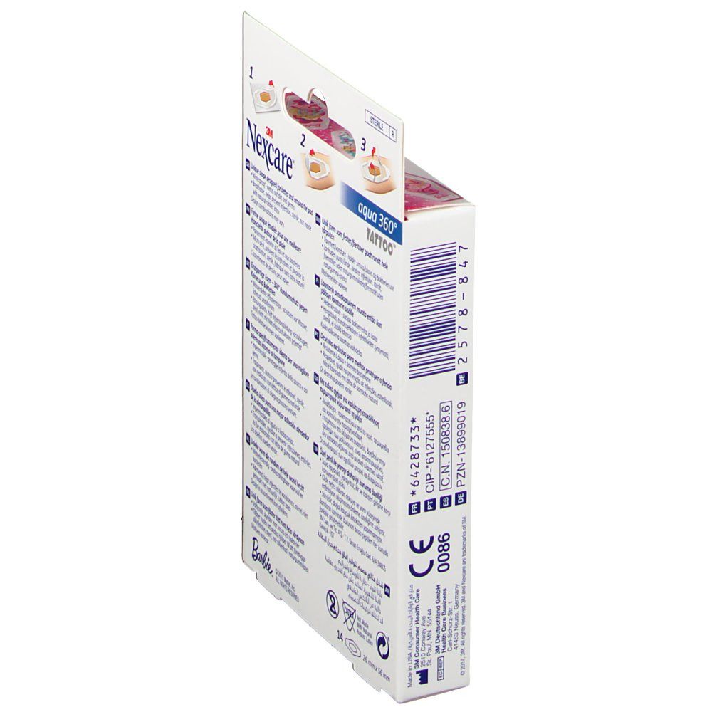 Vue latérale de la boîte de pansements Nexcare Aqua 360 Tattoo Barbie. Texte et code-barres visibles. Marquage CE.